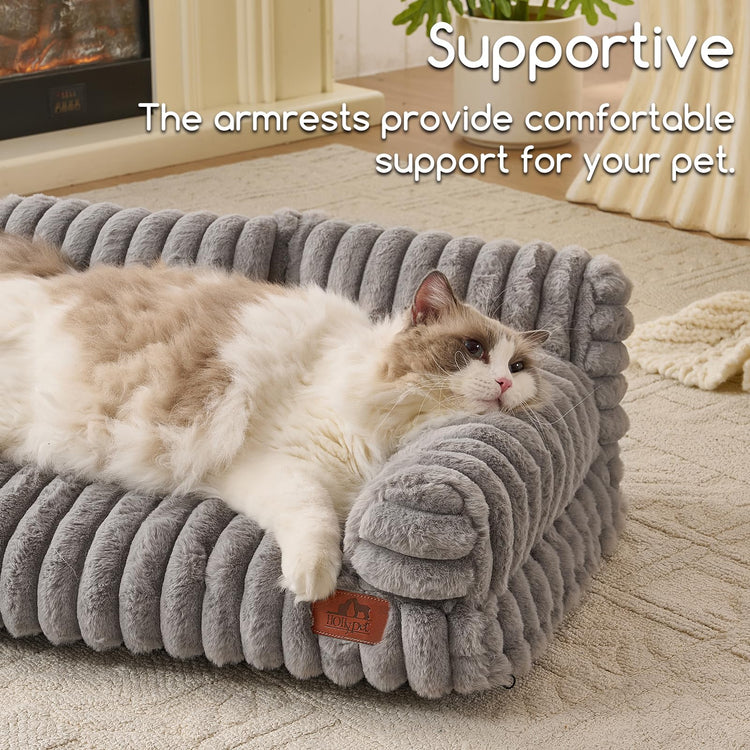 Hollypet Fluffy Dog Cat Bed Pet Couch Beds Plush Soft Warming Machine Washable Puppy Bed with Non-Slip Bottom for Cats and Small Medium Dogs up to 25 lbs, Gray, 24" L x 18" W x 10" Th
