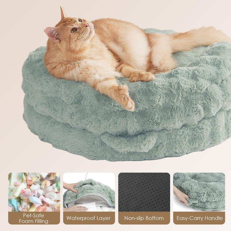 EHEYCIGA Soft Cat Couch Bed for Indoor Cats, Fluffy Small Dog Bed with Removable Washable Cover, Bolster Pet Sofa, Waterproof and Non-Slip, 23" x 23"x 7", Cream