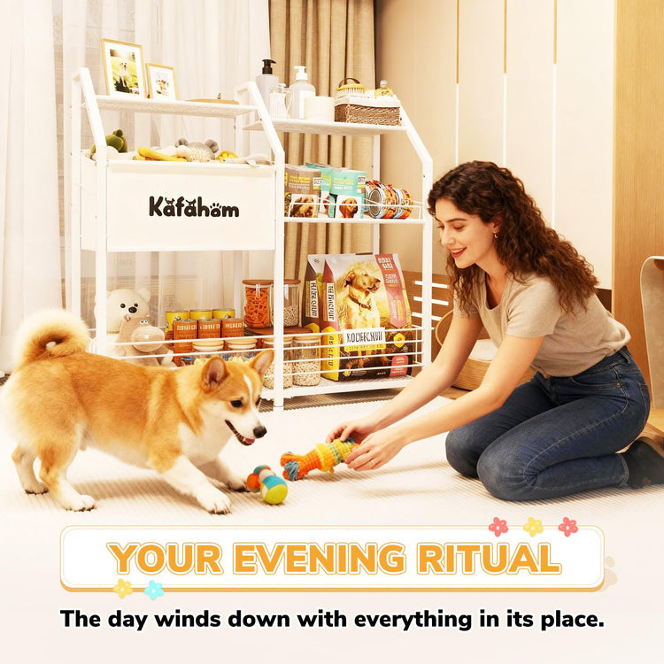 KAFAHOM Dog Toy Basket with Collar Leash Holder Hooks, Large Pet Bin, Dog Toy Box for Living Room Area, Cat Stuff Storage Organizer with Cabinet and Can Dispenser, Great Gifts for Pet Lovers