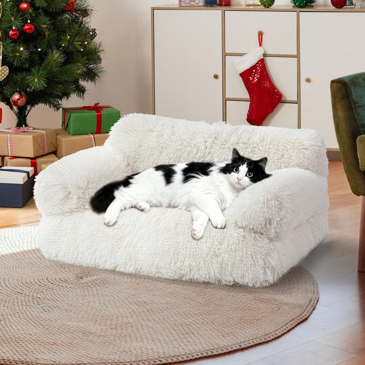 Large Cat Beds for Indoor Cats, Dog Couch Bed, Cute Cat Couch Sofas for Less 20lbs Kitten Puppy, Small Dog Sofas & Chairs with Removable Washable Cover, Soft Warm Pet Furniture, Cream