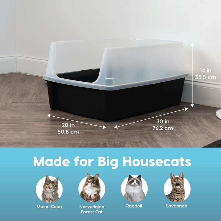 IRIS USA Cat Litter Box XX-Large Open Top with High Sided Walls Tall Scatter Shield Scoop Included Easy Clean Plastic Pan for Big Cats Kittens Multi-Cat Households 30"L x 20"W x 14"H Navy
