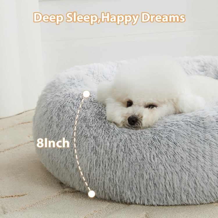 WNPETHOME Calming Dog Bed & Cat Bed, Anti-Anxiety Donut Small Dog Bed, Fluffy Faux Fur Cats Cushion Puppy Bed for Small Pets and Cats (24 x 24 inch, Light Coffee)