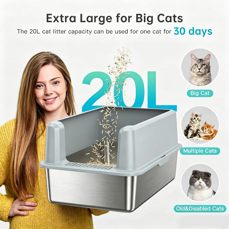 WoofiGo Enclosed Stainless Steel Cat Litter Box with Lid, XL Extra Large Litter Box for Big Cats, Metal Litter Pan High Sided, Never Absorbs Odors, Anti-Urine Leakage, Easy Cleaning, Include Scoop