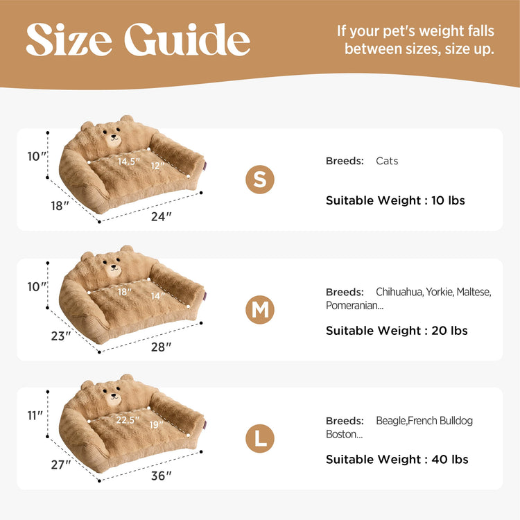 LE SURE Cute Dog Couch Bed, Small Dog Couch with Fluffy Original Bear Design, Cat Couch Bed with Removable Washable Cover, Puppy Bed for Small Pets, 28 inch, Brown
