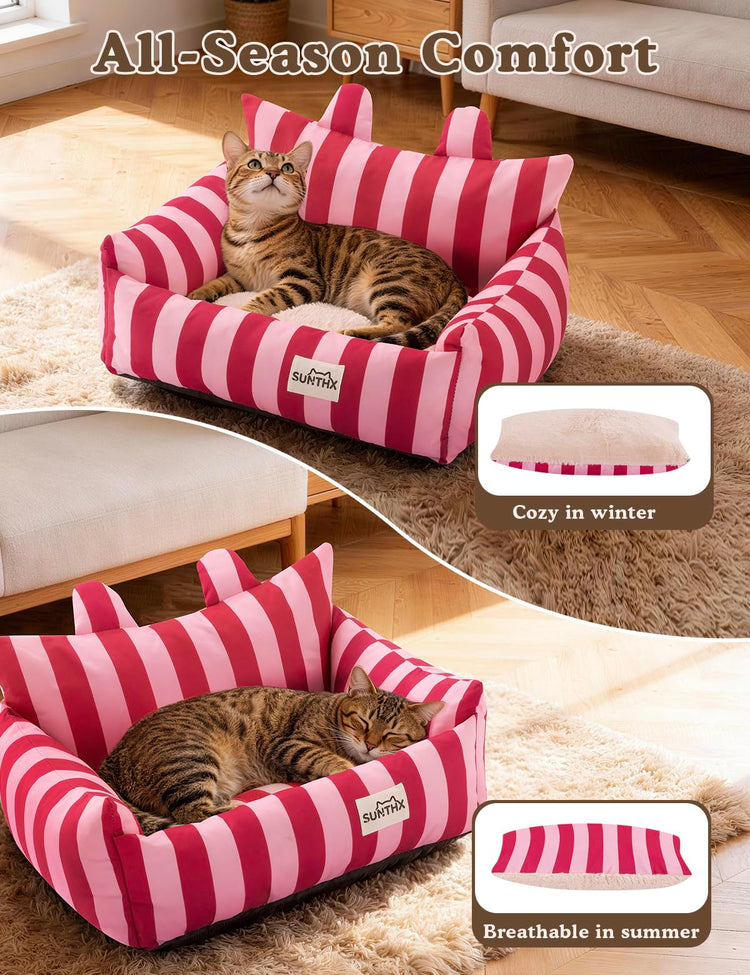Cat Couch, Reversible Pet Bed for Indoor Cats – 2-Sided Cat Sofa with Oxford Fabric and Plush Fleece, Washable Small Dog Couch for Puppies and Senior Pets, Non-Slip Bottom, 28 inch, Pink Brown