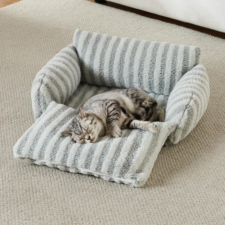 Hollypet Cat Bed Fluffy Plush Multifunctional Double-Layer Machine Washable Soft Warming Kitty Pet Couch Orthopedic Nest Beds for Small Cats Kitten and Dogs up to 13lbs, Khaki(25x20x13 inch)