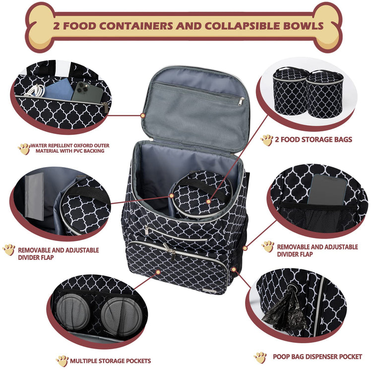 BAGLHER丨Dog Travel Bag Backpack, Airline Approved Pet Supplies Backpack, Dog Travel Bag with 2 Silicone Collapsible Bowls and 2 Food Baskets, Black