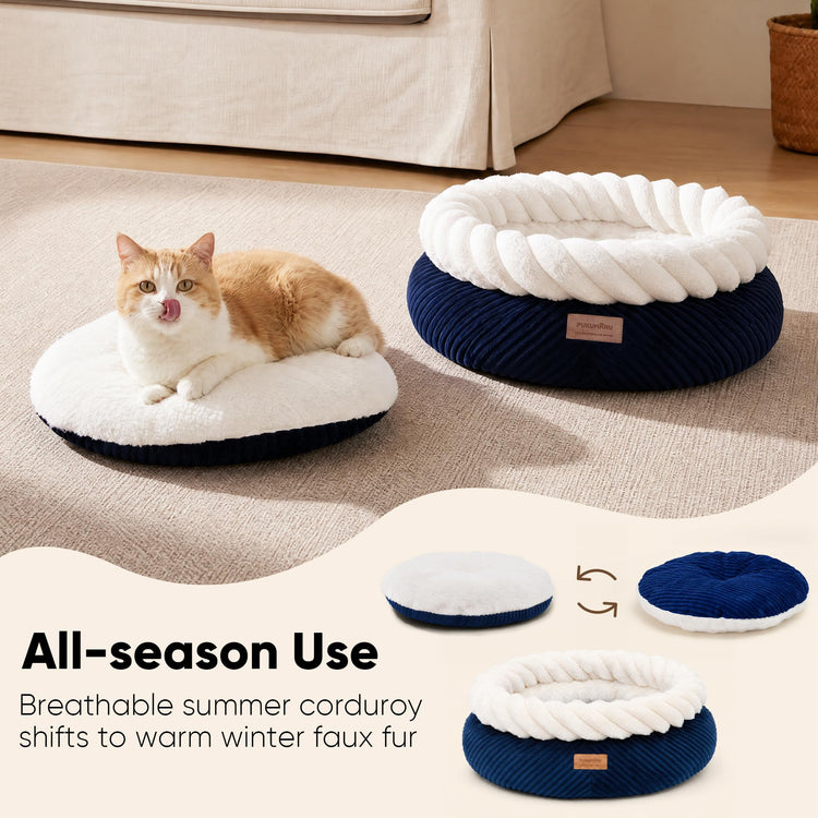 FUKUMARU Cat Bed, Calming Donut Dog Beds, Plush Faux Fur&Corduroy Kitten Beds, Cute Round Washable Pet Bed for Large Cats and Puppy, Cat Cave with Anti-Slip Bottom, 21inch, Camel