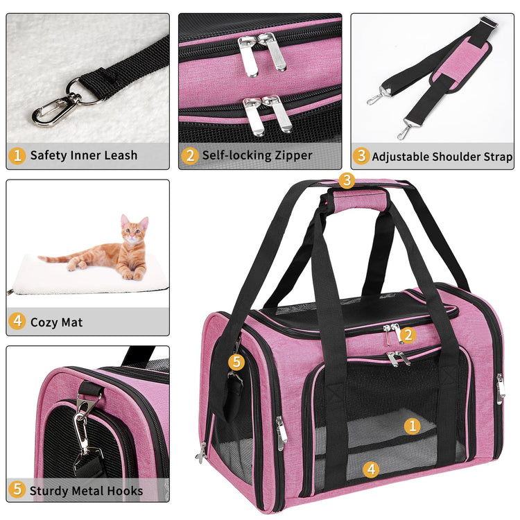 Soft-Sided Cat/Dog/Pet Carrier, Collapsible Pets Travel Carriers for Big Cats/Small Dogs with Shoulder Strap & Removable Mat, Mesh Puppy Carry Bag, Up to 16 Lbs, TSA Airline Approved(Black)