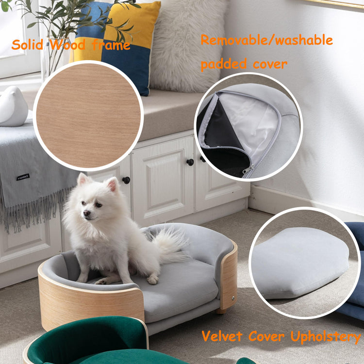 Elevated Dog Bed Pet Sofa with Solid Wood Legs and Bent Soft Backrest, Pet Cat Stool Bed with Velvet Cushion,for Small and Medium Size Dogs Kitten, Dark Gray, Small Size
