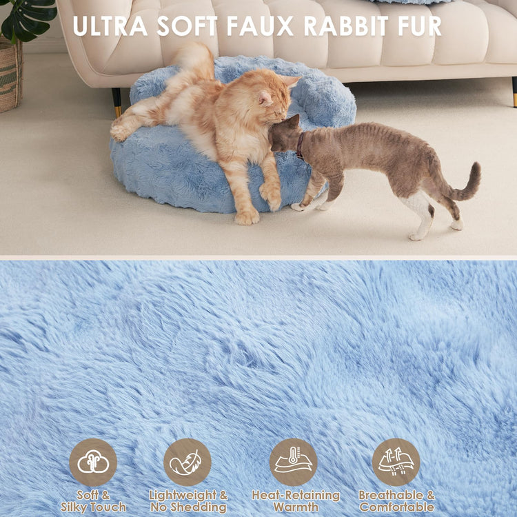 EHEYCIGA Soft Cat Couch Bed for Indoor Cats, Fluffy Small Dog Bed with Removable Washable Cover, Bolster Pet Sofa, Waterproof and Non-Slip, 23" x 23"x 7", Cream