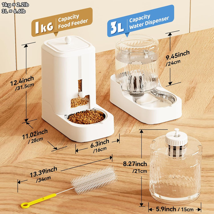 JUNSPOW Automatic Cat Feeder Dog Water Bowl Dispenser Set with Stainless Steel Bowl, Adjustable Food Dispensing & Keep Food Dry, Auto Pet Feeder and Waterer for Cats and Dogs