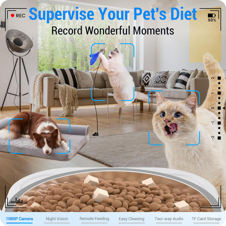 Frienhund Automatic Cat Feeder 2 Cats with Slow Feed: Dual Automatic Dog Feeder with 5G WiFi, Cat Food Dispenser with APP Control for Multiple Pets, Detachable for Easy Clean, Double Pet Bowl - 29 Cup