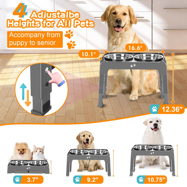 COMESOON Elevated Dog Bowls, 4 Height Adjustable Raised Bowl Stand with 2 Thick 50oz Stainless Steel Food Bowls Non-Slip Feeder Adjusts to 3.7'', 9.2'', 10.75'', 12.36'' Black, (DB-W01)