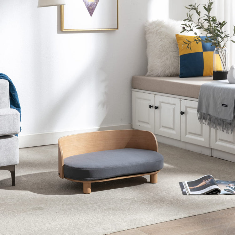 HomSof 26.38" Scandinavian Style Elevated Dog Cat Bed Pet Sofa with Solid Wood Legs and Bent Wood Back with Velvet Cushion,Small Size，Navy+Brown
