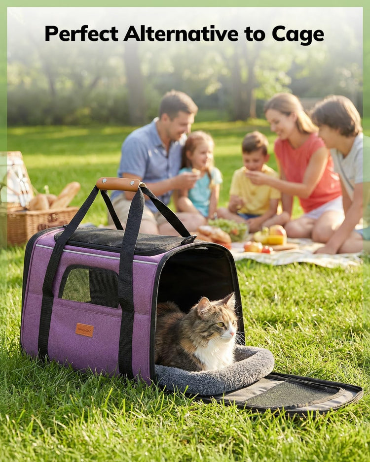Morpilot Pet Carrier for Large Cats, Puppies & Small Dogs Up to 25lbs, Escape-Proof with Locking Zippers, Dual-Sided Cushion, Safety Buckle for Car & Vet Travel, Includes Foldable Bowl (Dark Gray)