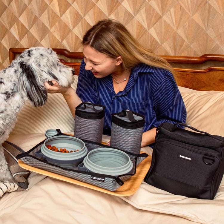 Cleverpup, Large 7-Piece Bistro Box Dog Food Travel Kit, 12-Cup Kibble Storage, 2 Silicone Bowls, Mat & Scoop - Premium Portable Pet Food Kit for Weekends, Overnights, Daycare & Camping, Checkerboard