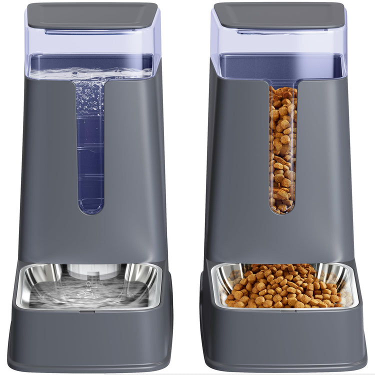 Cat Food Dispenser and Cat Water Dispenser Set with Stainless Steel Bowls Gravity Dog Feeder for Small Medium Big Cat Dog Pet Puppy Kitten, 1 Gallon x 2