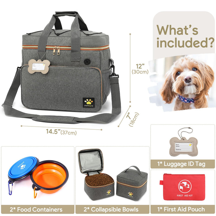 Dog Travel Bag for Traveling| Week Away/Overnight Dog Travel Accessories with Multi-Function Pockets| Travel Set for Dogs and Cats|Ideal Pet Diaper Bag and Pet Gift Kit(Grey)