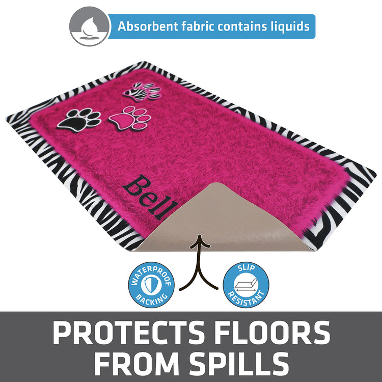 Drymate Personalized Pet Bowl Placemat, Custom Dog & Cat Food Feeding Mat - Absorbent Fabric, Waterproof Backing - Machine Washable/Durable (USA Made) (12" x 20") (Zebra Pink)
