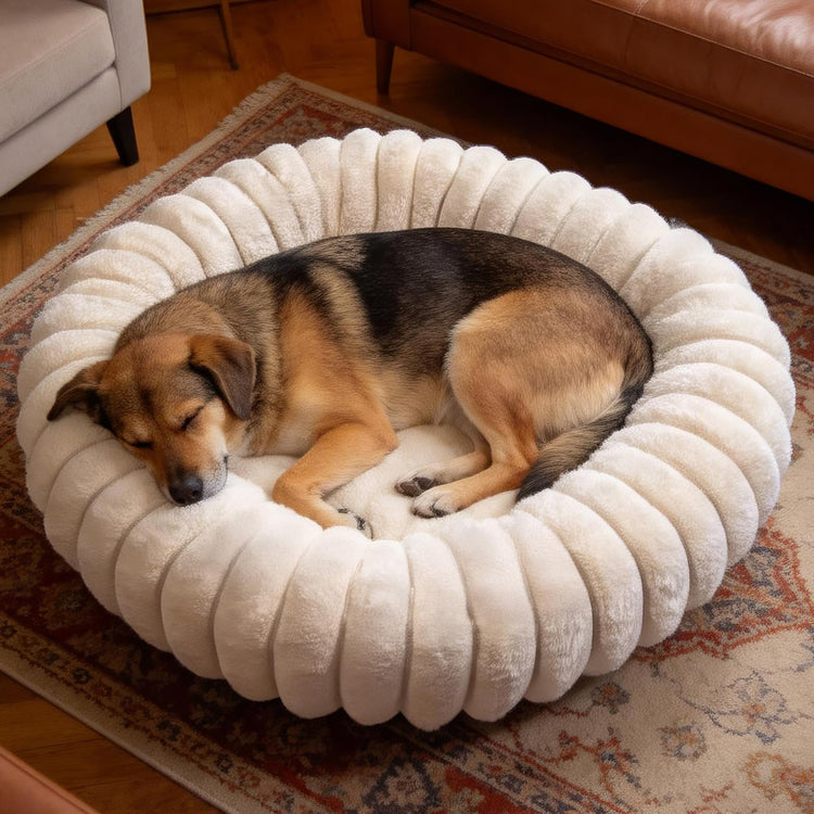 Donut Dog and Cat Bed, Luxurious Comfortable Faux Rabbit Fur Pet Beds, Round Anti-Anxiety Calming Puppy Kitten Bed with Anti-Slip Bottom for Small Medium Dogs & Cats(28", White)