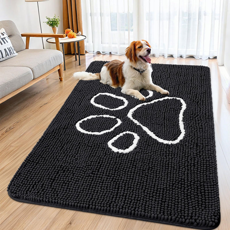 Smiry Dog Door Mat for Muddy Paws, Absorbent Dirt Trapper Non Slip Quick Dry Washable Chenille Mat for Mud Dogs, Entry Rug for Indoor and Outdoor (30x20 Inches, Grey and Black)