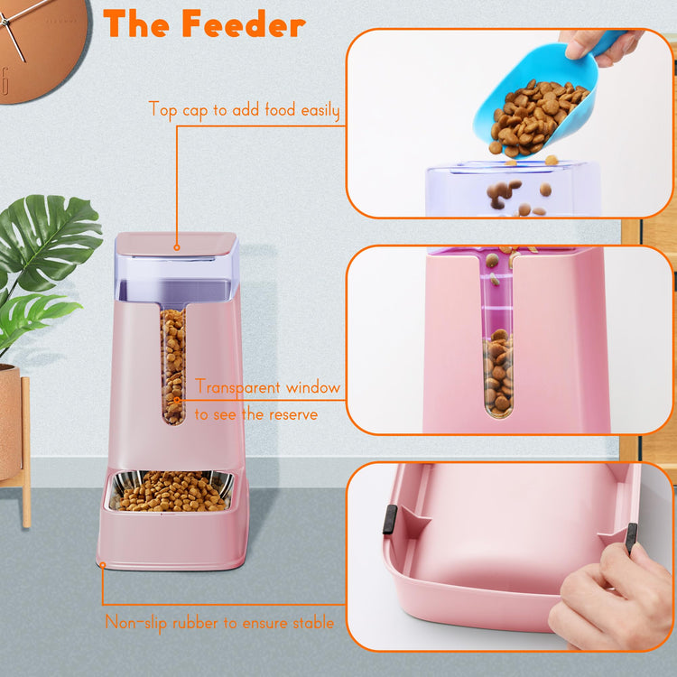 Cat Food Dispenser and Cat Water Dispenser Set with Stainless Steel Bowls Gravity Dog Feeder for Small Medium Big Cat Dog Pet Puppy Kitten, 1 Gallon x 2