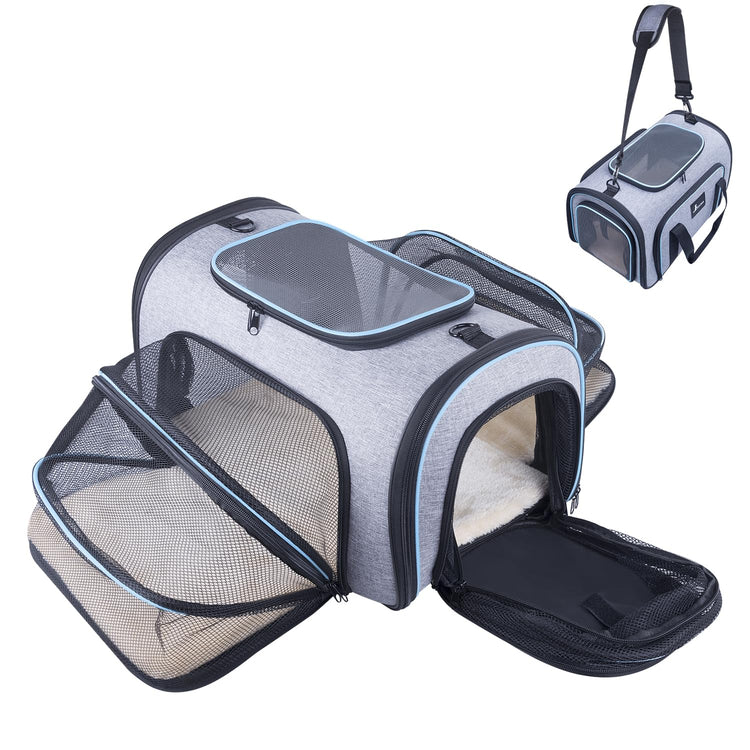 Siivton Pet Carrier Airline Approved, 4 Sides Expandable Cat Carrier Bag with Removable Fleece Pad, Large Soft Sided Pet Travel Carrier, Dog Carrier for Cats, Puppy and Small Dogs
