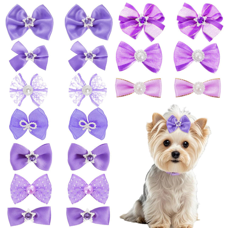 20 PCS Cute Dog Hair Bows with Rubber Bands Elastic Handmade Mix Style Lace Rhinestone Pearls for Furry Puppy Cat Pet Girl, Pink
