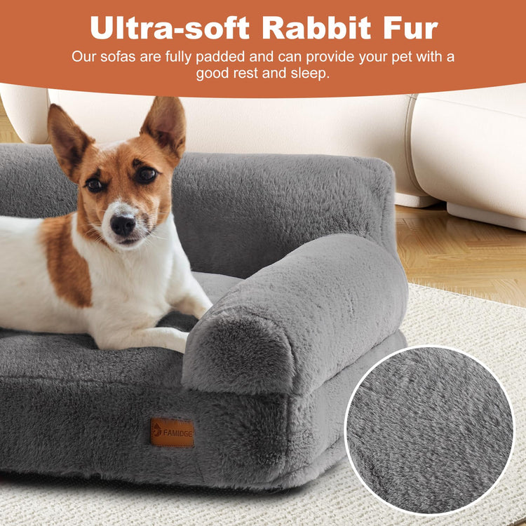 FAMIDGE Plush Cat Couch Bed - Cat Bed for Indoor Cats, Dog Sofa Bed, Short Rabbit Fleece Calming Pet Couch with Removable Cover, Anti-Shedding Pet Sofa for Small/Medium Pets (26×18×12in, Brown)