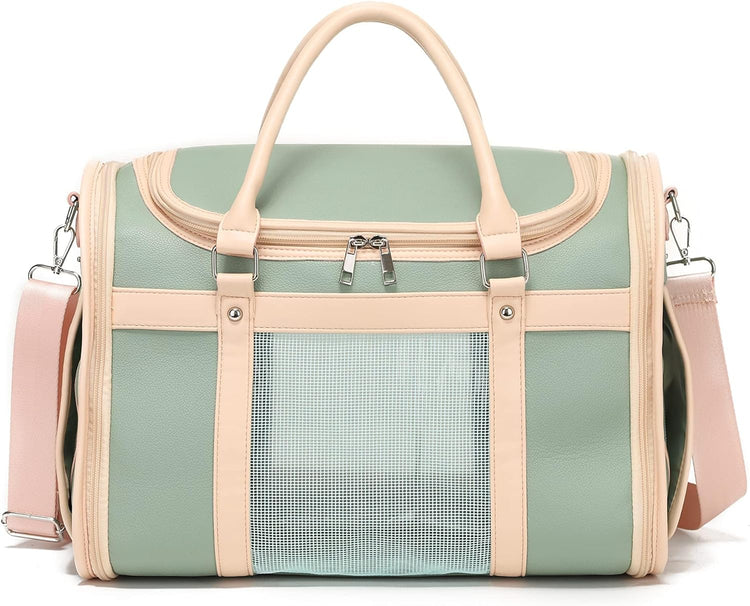 Luxury Mint Green PU Leather Pet Carrier Bag, Airline Compliant Portable Travel Crate with Breathable Mesh Panels & Shoulder Strap for Cats Small Dogs Travel & Vet Use