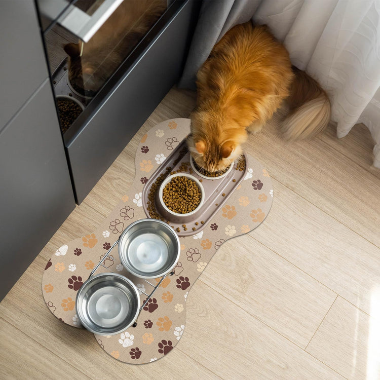 Pet Dog Cat Food Mat, Absorbent Bone Shaped Dog Bowl Mats for Food and Water, Non Slip Cute Dogs Cat Placemats Feeding Mat with Rubber for Floors Indoor Puppy Pet Accessories Supplies 12"x20" Khaki
