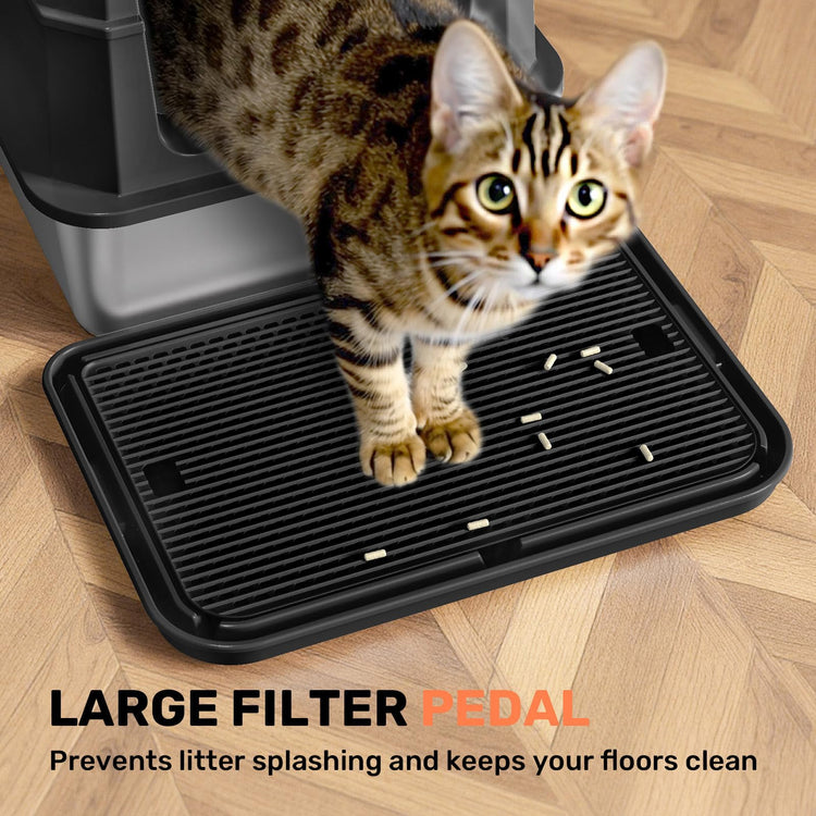 Stainless Steel Litter Box with Lid, Anti-Leakage Enclosed Metal Litter Box, Flip-Top Extra Large Kitty Litter Pan with Scoop & Pedal, Odor Free, Front & Top Dual Entry, Black
