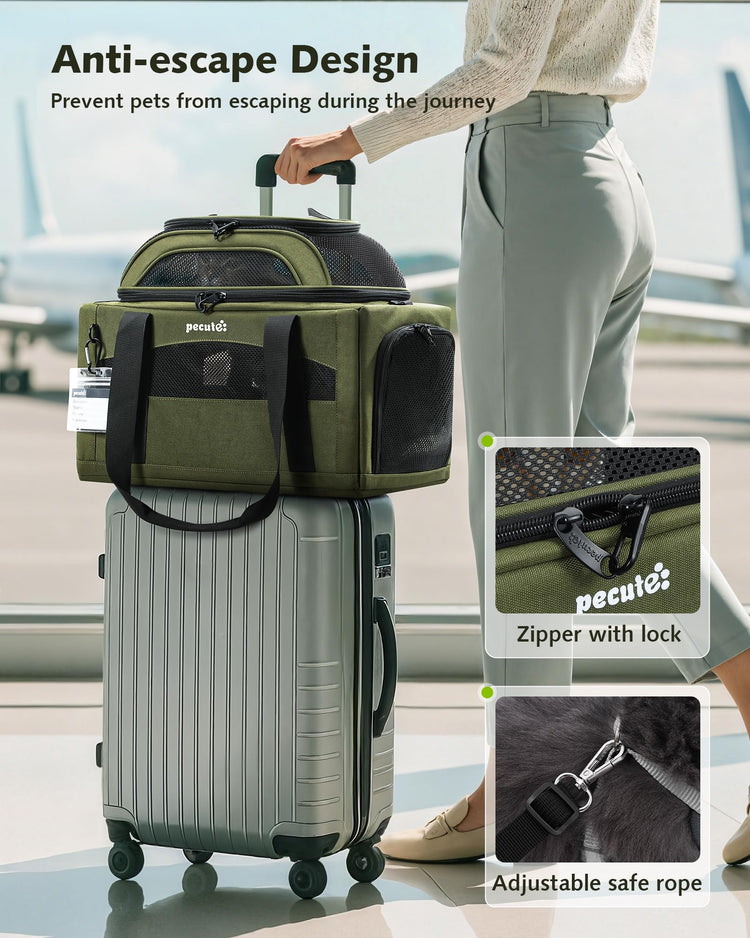 Pecute Expandable Pet Carrier Airline Approved Dog Cat Carrier, Breathable Soft-Sided with Locking Zippers, Pet Travel Bag for Small Dog Cat Anti-Scratch Mesh Leakproof Pee Pad (Dark Gray)