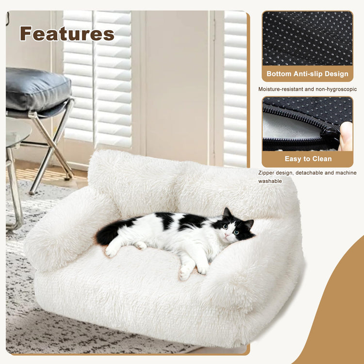 Large Cat Beds for Indoor Cats, Dog Couch Bed, Cute Cat Couch Sofas for Less 20lbs Kitten Puppy, Small Dog Sofas & Chairs with Removable Washable Cover, Soft Warm Pet Furniture, Cream