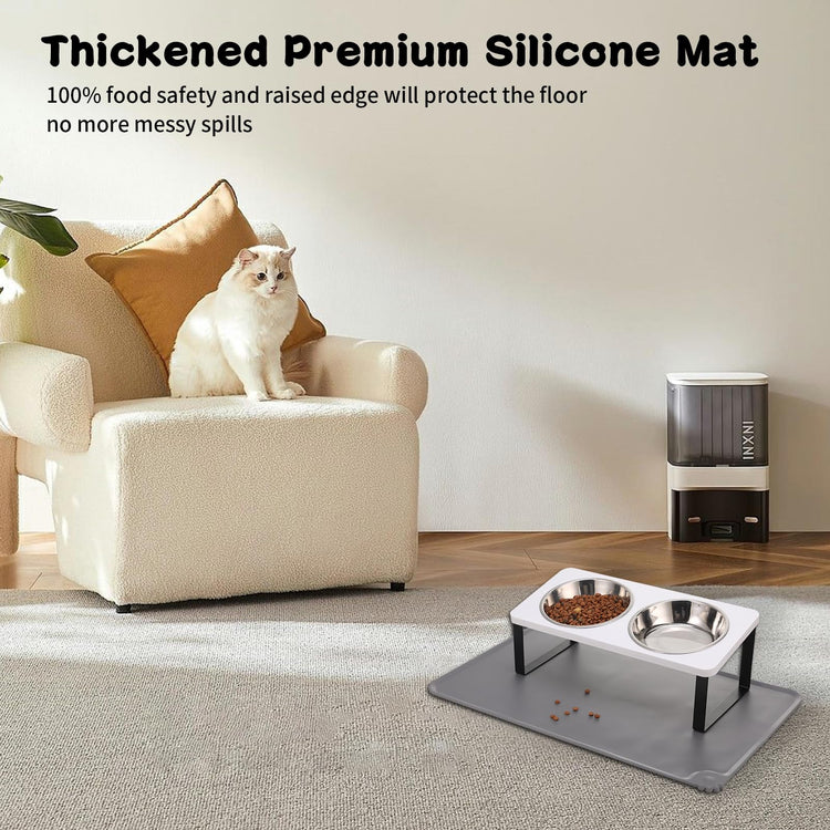 Upgraded Elevated Cat Bowls with Food Mat,15°Tilted Stand Anti Vomiting Raised Cat Dishes for Food and Water,2 Stainless Steel Bowls for Cats and Puppy