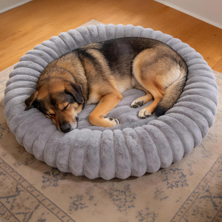 Donut Dog and Cat Bed, Luxurious Comfortable Faux Rabbit Fur Pet Beds, Round Anti-Anxiety Calming Puppy Kitten Bed with Anti-Slip Bottom for Small Medium Dogs & Cats(28", White)