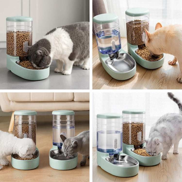 Kacoomi Automatic Dog Cat Feeder and Water Dispenser Gravity Food Feeder and Waterer Set with Pet Food Bowl for Small Medium Dog Puppy Kitten, Large Capacity 1 Gallon x 2