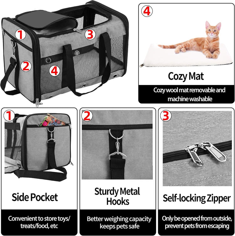 Soft Sided Cat/Dog Carrier,Collapsible Pets Travel Carriers for Pet/Puppy with Shoulder Strap & Removable Mat,Mesh Top Load Small Dogs/Cats Carry Bag Up to 17 Lbs TSA Airline Approved（Black,M）