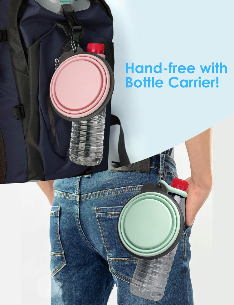 Aonkey Collapsible Dog Bowls with Bottle Carrier, 2 Pack Travel Dog Water Bowl Upgraded Carabiner, One-piece Molded Rim No Fall Off or Crack, Foldable Silicone Portable for Pets Walking Hiking 15oz