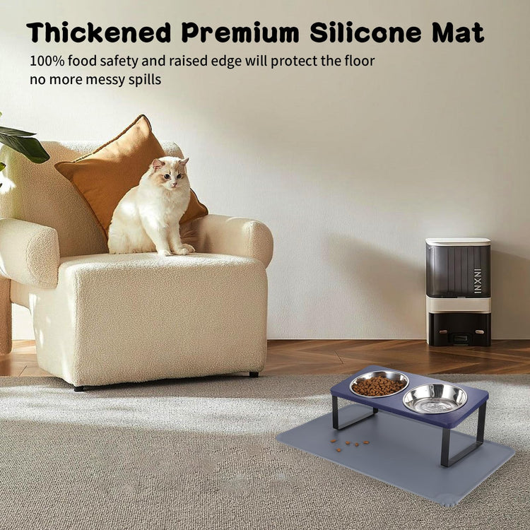 Upgraded Elevated Cat Bowls with Food Mat,15°Tilted Stand Anti Vomiting Raised Cat Dishes for Food and Water,2 Stainless Steel Bowls for Cats and Puppy