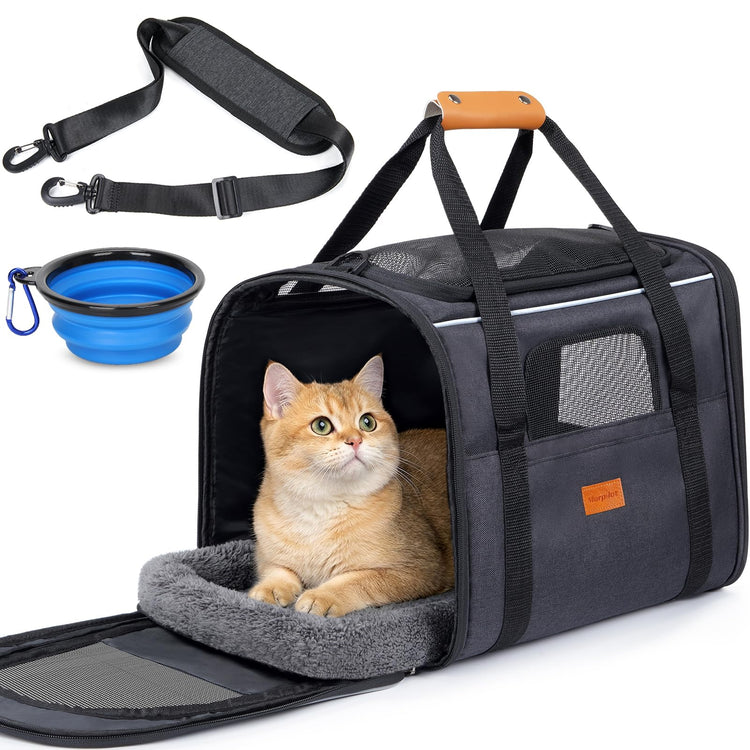 Morpilot Pet Carrier for Large Cats, Puppies & Small Dogs Up to 25lbs, Escape-Proof with Locking Zippers, Dual-Sided Cushion, Safety Buckle for Car & Vet Travel, Includes Foldable Bowl (Dark Gray)