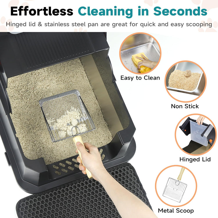 TENTIZON Stainless Steel Cat Litter Box with Lid, Large Covered Enclosed Kitty Litterbox with Hood, Flip Top, High Side, Litter Mat, Scoop for Big Cats, Kitten, No Odor, No Mess, Easy Clean, Grey