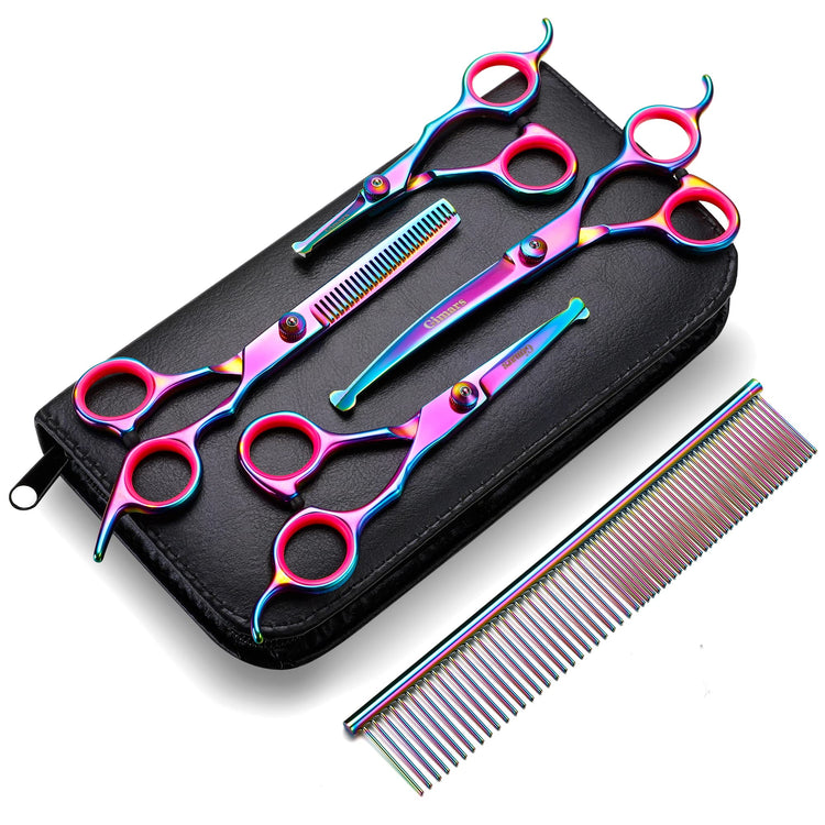 Gimars Titanium Coated Professional 6 in 1 4CR Stainless Steel Dog Grooming Scissors with Safety Round Tip, Heavy Duty Pet Grooming Scissor for Dogs, Cats and Other Animals