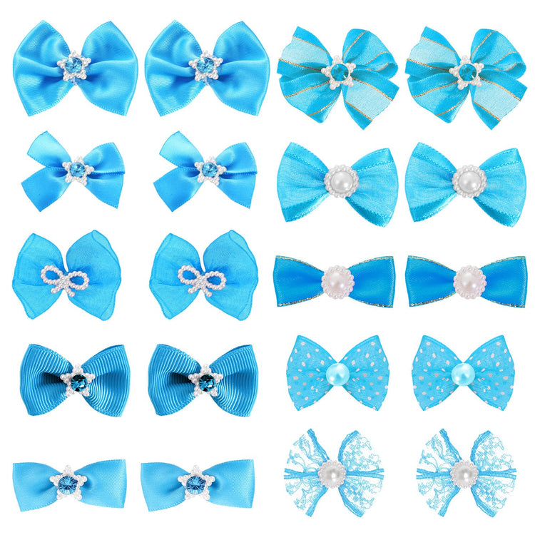 20 PCS Cute Dog Hair Bows with Rubber Bands Elastic Handmade Mix Style Lace Rhinestone Pearls for Furry Puppy Cat Pet Girl, Pink