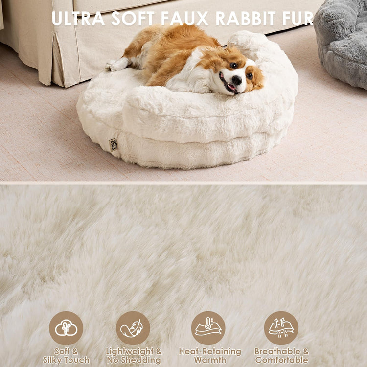 EHEYCIGA Soft Cat Couch Bed for Indoor Cats, Fluffy Small Dog Bed with Removable Washable Cover, Bolster Pet Sofa, Waterproof and Non-Slip, 23" x 23"x 7", Cream