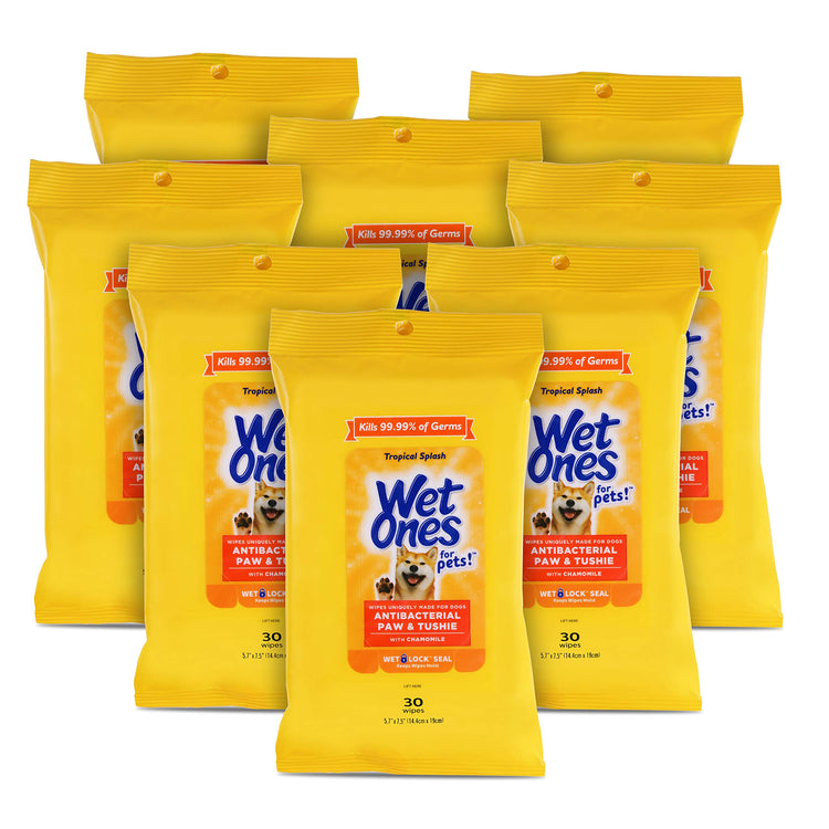 Wet Ones for Pets Paw and Tushie Dog Wipes with Chamomile, Tropical Splash Scent - Cleansing Grooming Wipes for Dog Paws and Butt Between Baths, Wet Lock Seal, 30 Count