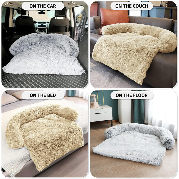 Calming Dog Bed Fluffy Plush Dog Mat for Furniture Protector with Removable Washable Cover for Large Medium Small Dogs and Cats (Small(35x31x5), Light Grey)