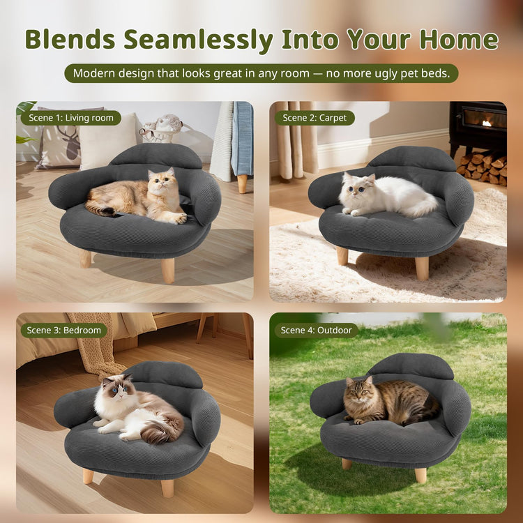 Cat Sofa Furniture-Style Pet Bed with Removable Cotton Velvet Cover, Solid Pine Wood Legs, for Cats and Small Dogs, White