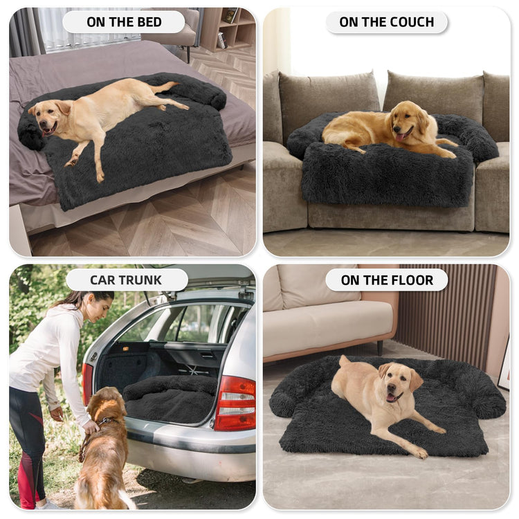Calming Dog Bed Fluffy Plush Dog Mat for Furniture Protector with Removable Washable Cover for Large Medium Small Dogs and Cats (Small(35x31x5), Light Grey)